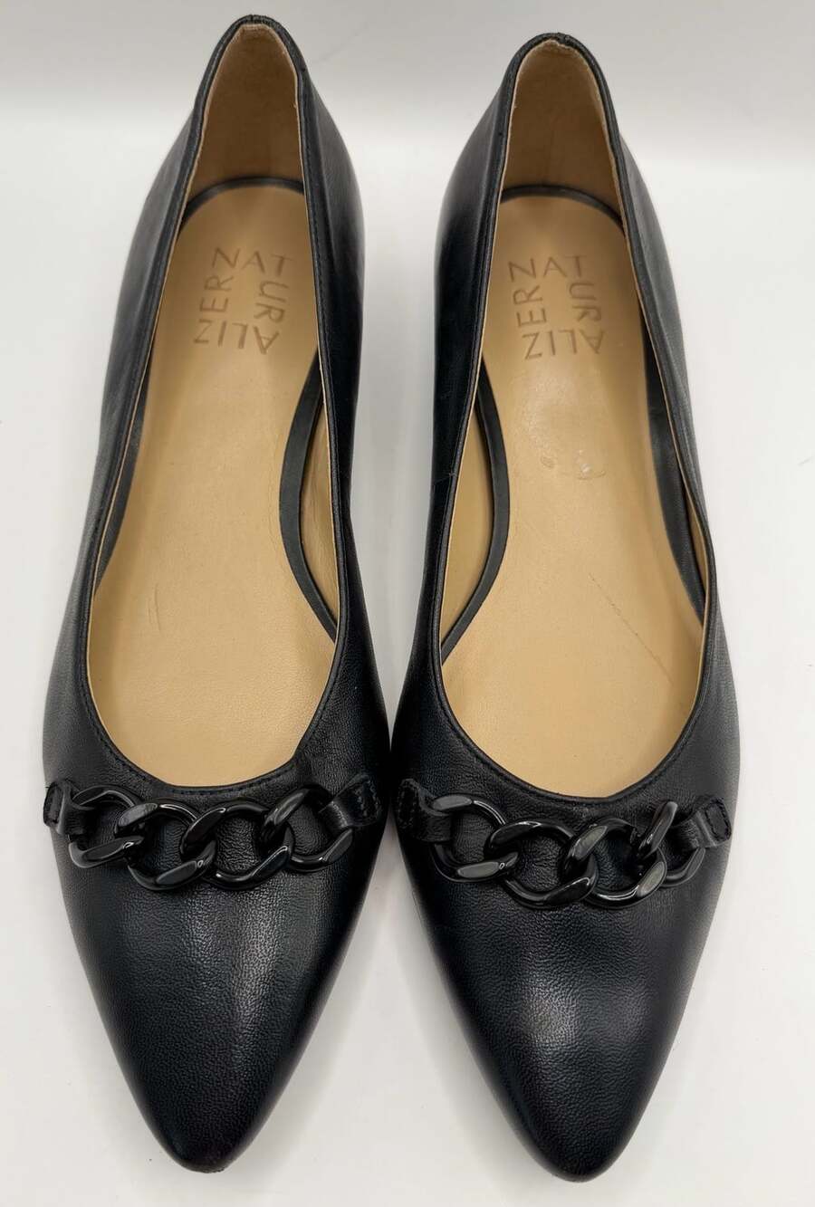 Naturalizer Becca Size 6.5W Black Leather Pointed Toe Chain Flats